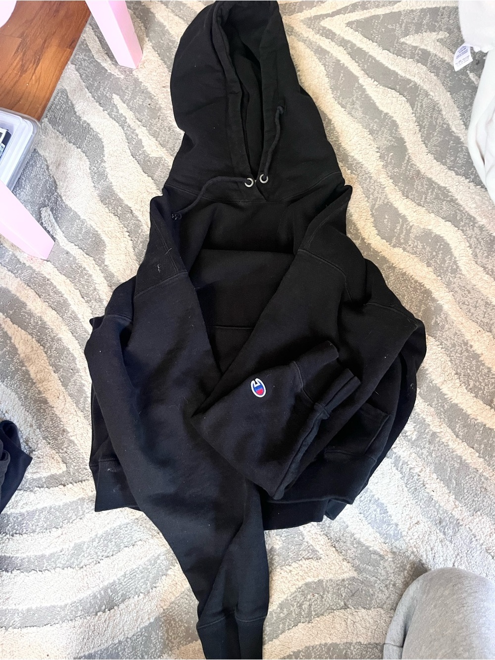 Champion Black Hooded Sweatshirt with Logo Tag